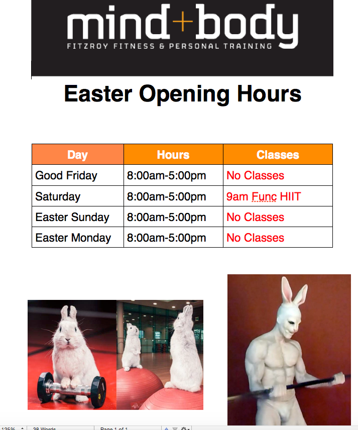 Easter Holiday Hours Mind and Body Gym